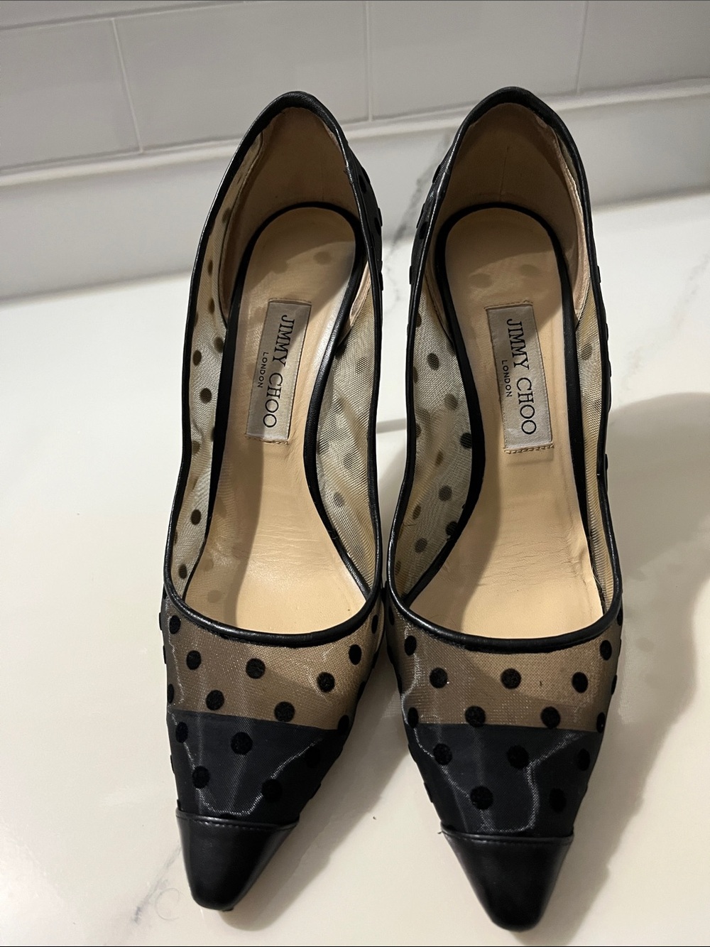 Jimmy Choo Black Polka Dot Mesh Pointed Toe Pumps